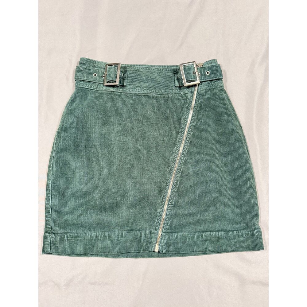 Urban Outfitters Green Corduroy Mini Skirt Asymmetrical Zip Double Buckle S
